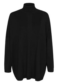 Czarny dziany sweter z golfem o luźnym kroju. Posiada fakturowane wzory na froncie oraz ściągacze na mankietach i kołnierzu.