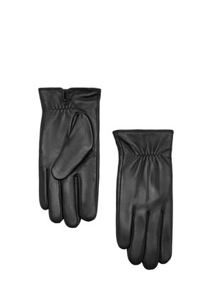 Paire de gants en cuir noir avec élastique froncé au poignet, présentée à plat avec un gant paume vers le haut et l'autre dos vers le haut.