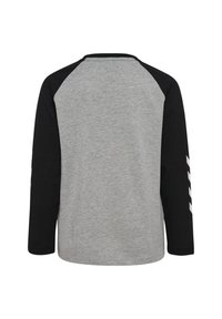 Langarmhemd mit grauem Oberteil und schwarzen RaglanÄrmeln. Mit weißen diagonalen Streifen auf dem linken Ärmel. Hergestellt aus weichem, flexiblem Stoff.