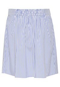 Modrá a bílá vertikálně pruhovaná sukně ke kolenům se skládacím pasem a záhyby, lehký materiál.