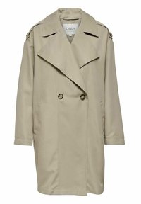 Trench-coat beige à double boutonnage avec larges revers, épaulettes, poches latérales et fermetures à boutons sur le devant.