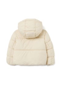 Crème-kleurige pufferjack met een capuchon, voorzien van een gestikt ontwerp en elastische manchetten, met een zachte, gladde textuur.