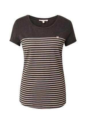 Svītrota tumši pelēka T-kreklā ar maigi rozā horizontālām svītrām. Klasiska apaļa kakla, īsām piedurknēm, ar nelielu sirds detaļu uz krūtīm.