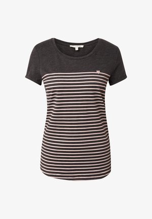 Gestreepte t-shirt in donkergrijs met zachte roze horizontale strepen. Klassieke ronde hals, korte mouwen, met een klein hartdetail op de borst.