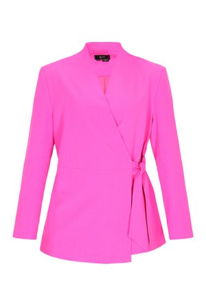 Helles pinkes Wickelblazer mit langen Ärmeln und seitlicher Bindung, taillierte Passform, kragenloses Design.