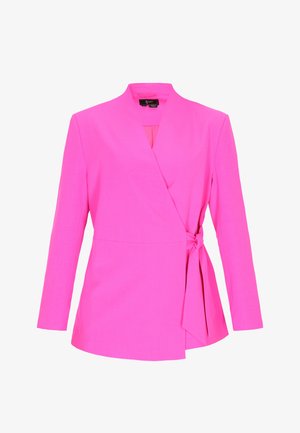 Blazer portefeuille rose vif à manches longues avec fermeture à nouer sur le côté, coupe ajustée, sans col.