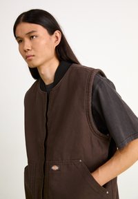 Brown quilted vest with a zip closure, ribbed collar, and two front pockets. Worn over a dark gray short-sleeve shirt.