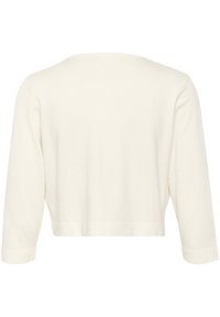 Gekürzter Cremepullover mit dreiviertel Ärmeln, weicher Textur und einfachem, rundem Ausschnitt. Keine sichtbaren Muster oder Hardwaredetails.