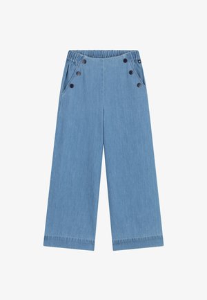 Pantaloni larghi blu chiaro con cintura elastica e sei bottoni neri vicino alle tasche anteriori, esposti piatti su uno sfondo bianco.