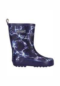 Rubberen regenlaars met een paarse basis met een bliksempatroon. De laars heeft een gestructureerde zool en een trekflap aan de achterkant voor gemakkelijk aan- en uittrekken.