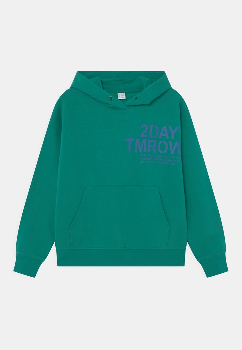 Sweat à capuche bleu sarcelle avec poche avant et texte violet "2DAY TMRW" imprimé sur le haut gauche de la poitrine.