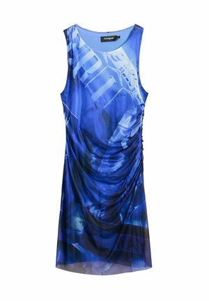 Robe bleu sans manches avec imprimé abstrait de paysage urbain et texte, détails froncés sur le côté, col rond, étiquette de la marque Desigual à l'intérieur.
