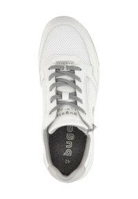 Weißer Sneaker mit Obermaterial aus Mesh und Leder, runder Zehenpartie, grauen Schnürsenkeln und dezenten Logo-Details. Verfügt über eine gepolsterte Innensohle und einen Reißverschluss.