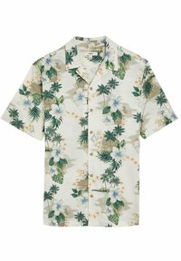 Koszula na krótki rękaw w jasnobeżowym kolorze z tropikalnym wzorem kwiatowym, z motywem liści palmowych i kwiatów hibiskusa w odcieniach zieleni i niebieskiego.