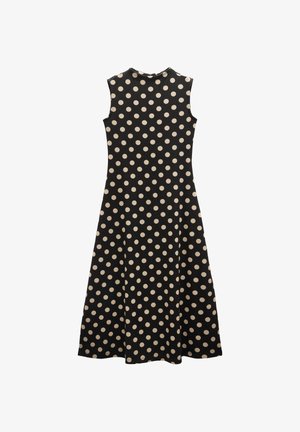 Czarna sukienka bez rękawów, zdobiona białymi kropkami, z okrągłym dekoltem, rozkloszowanym krojem i długością do kolan. Wykonana z miękkiego, fakturowanego materiału.