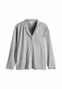 Grå långärmad pyjamaströja med knappslå framtill, notskiftkrage, en bröstficka och vita pipings längs kragen och ärmsluten.