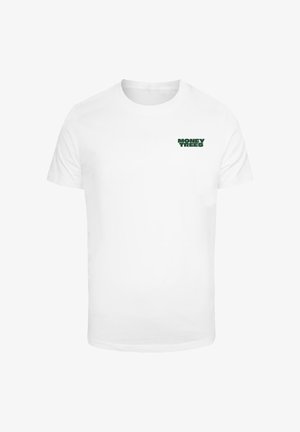 Weißes T-Shirt mit kurzen Ärmeln und Rundhalsausschnitt, mit dunkelgrünem Schriftzug "MONEY TREES" auf der oberen linken Brustseite bedruckt.