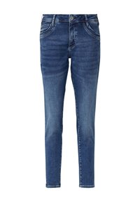 Siniseen farkkukankaan slim fit -farkut, joissa on viisi taskua, kevyet kulutukset ja tavallinen napitus, sekä sileä pinta.