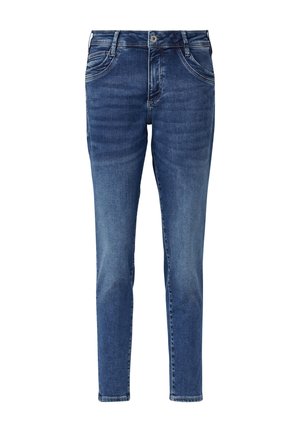 Jeans de mezclilla azul con ajuste slim, cinco bolsillos, ligera decoloración en el antepié y cierre de botón estándar, con una textura suave.