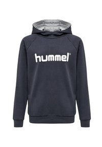 Felpa con cappuccio grigio scuro realizzata in materiale morbido, con tasca a marsupio, polsini a costine e un grande logo bianco "hummel" sul davanti.