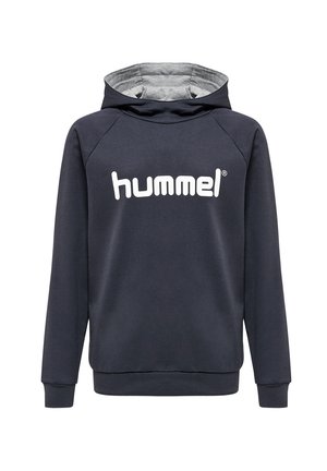 Sweat à capuche gris foncé en matériau doux, doté d'une poche kangourou, de poignets côtelés et d'un grand logo "hummel" blanc sur le devant.