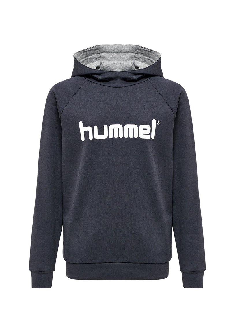 Felpa con cappuccio grigio scuro realizzata in materiale morbido, con tasca a marsupio, polsini a costine e un grande logo bianco "hummel" sul davanti.