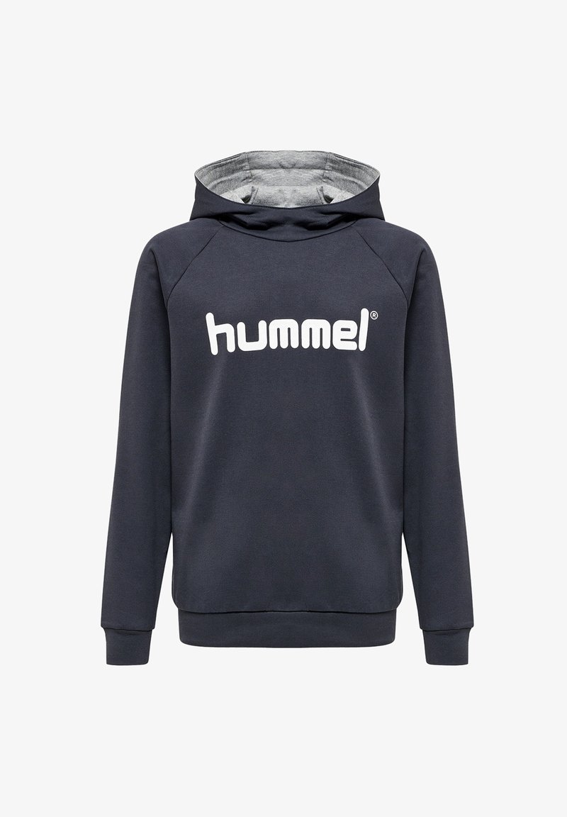 Felpa con cappuccio grigio scuro realizzata in materiale morbido, con tasca a marsupio, polsini a costine e un grande logo bianco "hummel" sul davanti.