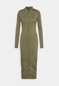 Vestido verde-azeitona de manga longa em design ajustado, com botões frontais e decote franzido, feito de tecido macio e elástico.