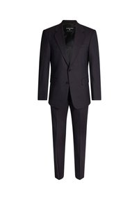 Marineblauwe tweedelige pak met een notch lapel-jack, enkele knoopsluiting en vlakke broek, gemaakt van een soepele wollen stof.