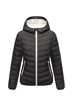 Czarna kurtka puffer, z kapturem, poziomym pikowaniem i kontrastowym białym zamkiem błyskawicznym. Dwie kieszenie boczne z zamkami.