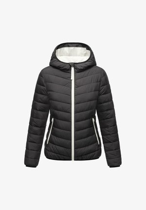 Zwarte pufferjas met een capuchon, verticale gestikte design en contrasterende witte rits. Twee zijzakken met ritsen.