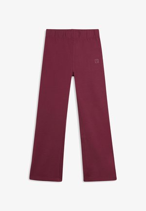 Pantalones de cintura elástica color granate suave con piernas rectas, diseñados para uso casual y comodidad.