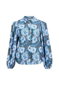 Camicia a bottoni floreale grigia, con fiori blu e bianchi, colletto classico e maniche lunghe puffate con polsini elastici.