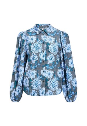Chemise à boutons florale grise, ornée de fleurs bleues et blanches, avec un col classique et des manches longues bouffantes avec des poignets élastiques.