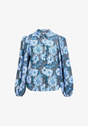 Camicia a bottoni floreale grigia, con fiori blu e bianchi, colletto classico e maniche lunghe puffate con polsini elastici.