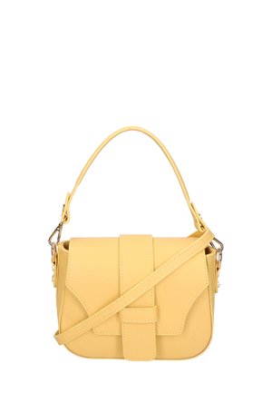 Geel leren schoudertas met een gestructureerde silhoutte, verstelbare schouderriem en een opvallende voorflap met een strikdetail.