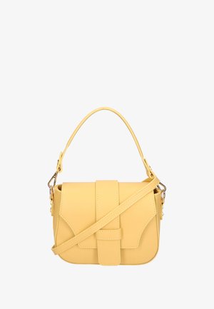 Geel leren schoudertas met een gestructureerde silhoutte, verstelbare schouderriem en een opvallende voorflap met een strikdetail.