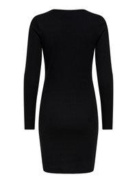 Robe noire à manches longues avec une coupe ajustée, une texture côtelée et un col rond. L'ourlet est au-dessus du genou, offrant une silhouette élancée.