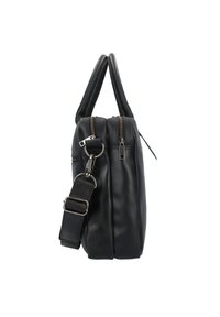 Schwarze Lederhandtasche mit zwei Reißverschlusstaschen, flacher Form, zwei Griffen und einem verstellbaren, abnehmbaren Schultergurt. Glatte Textur.