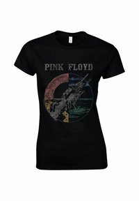 Černé bavlněné tričko s grafickým potiskem vesmírné lodi, barevným kruhovým pozadím a textem "PINK FLOYD" a "WISH YOU WERE HERE."