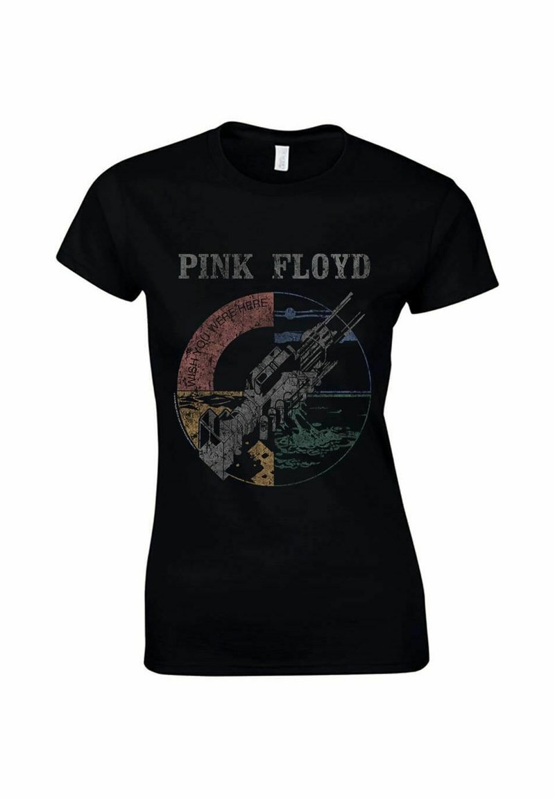 Černé bavlněné tričko s grafickým potiskem vesmírné lodi, barevným kruhovým pozadím a textem "PINK FLOYD" a "WISH YOU WERE HERE."