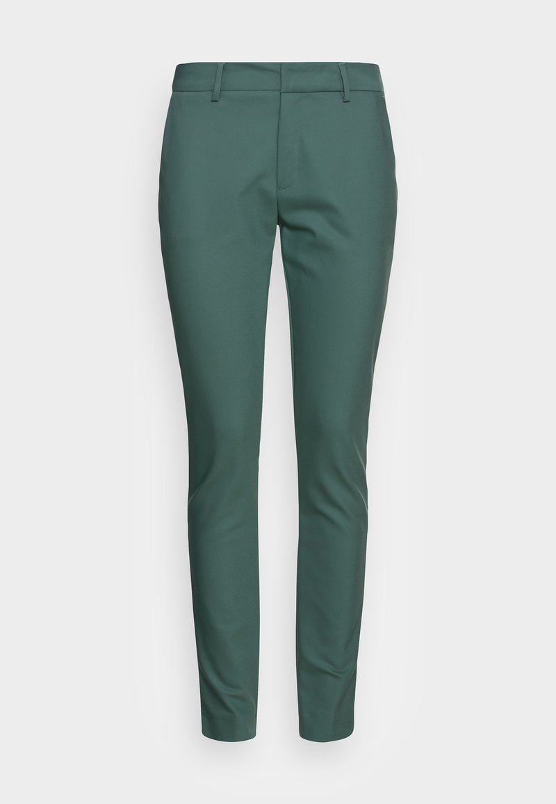Pantalon vert slim-fit avec passants de ceinture et fermeture avant dissimulée, présenté sur fond blanc.