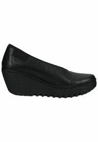 Scarpe wedge nere con tomaia in pelle liscia, pannelli laterali elasticizzati e suola in gomma testurizzata, caratterizzate da una leggera punta arrotondata.