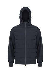 Czarna kurtka z kapturem z pikowanym przodem, gładkimi rękawami, elastycznymi mankietami i zamkiem błyskawicznym z przodu.