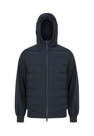 Czarna kurtka z kapturem z pikowanym przodem, gładkimi rękawami, elastycznymi mankietami i zamkiem błyskawicznym z przodu.