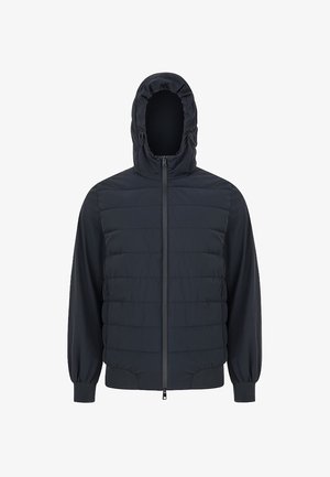 Czarna kurtka z kapturem z pikowanym przodem, gładkimi rękawami, elastycznymi mankietami i zamkiem błyskawicznym z przodu.