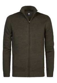 Olivgrön zip-up tröja i stickad kvalitet. Har ribbad krage och mudd, med en vertikal dragkedja och sidofickor.