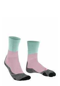Calze lavorate a maglia con un bordo verde menta, corpo rosa e accenti grigi su tallone e punta. Tessuto testurizzato con zone rinforzate per una maggiore durata.