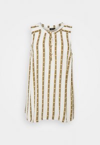 Top senza maniche con righe verticali gialle e verde oliva su uno sfondo bianco, con scollatura rotonda e chiusura a bottoni.