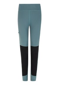 Leggings in teal en zwart, voorzien van een soepele elastische tailleband, contrasterende panelen en een zijzak. Gemaakt van rekbaar katoen.
